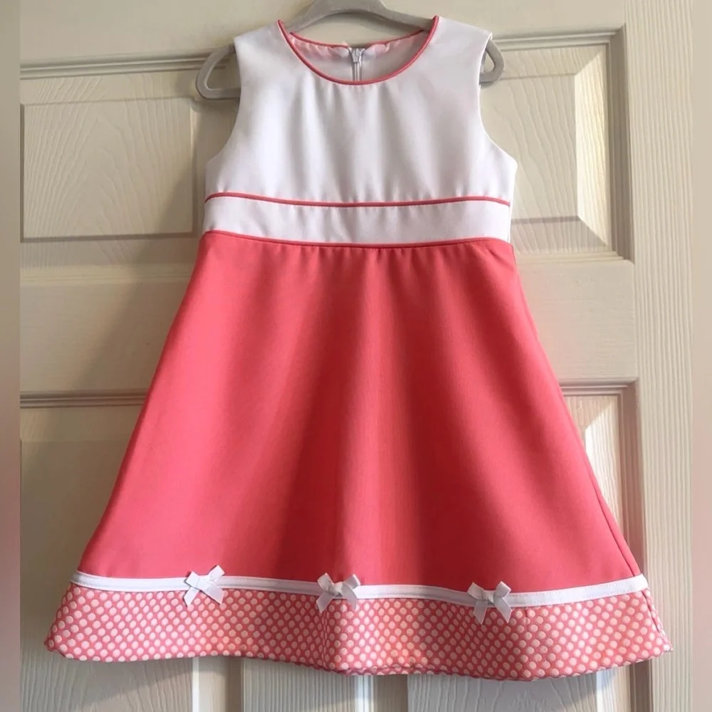 Bonnie Jean Pink and White Sleeveless Dress with A Polka Dot Trim and White Bows